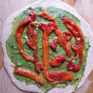 Roasted Red Pepper and Pesto Pizza with Whole Wheat Dough