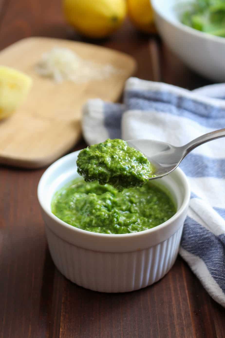 blended lemon, basil and olive oil in a ramekin 