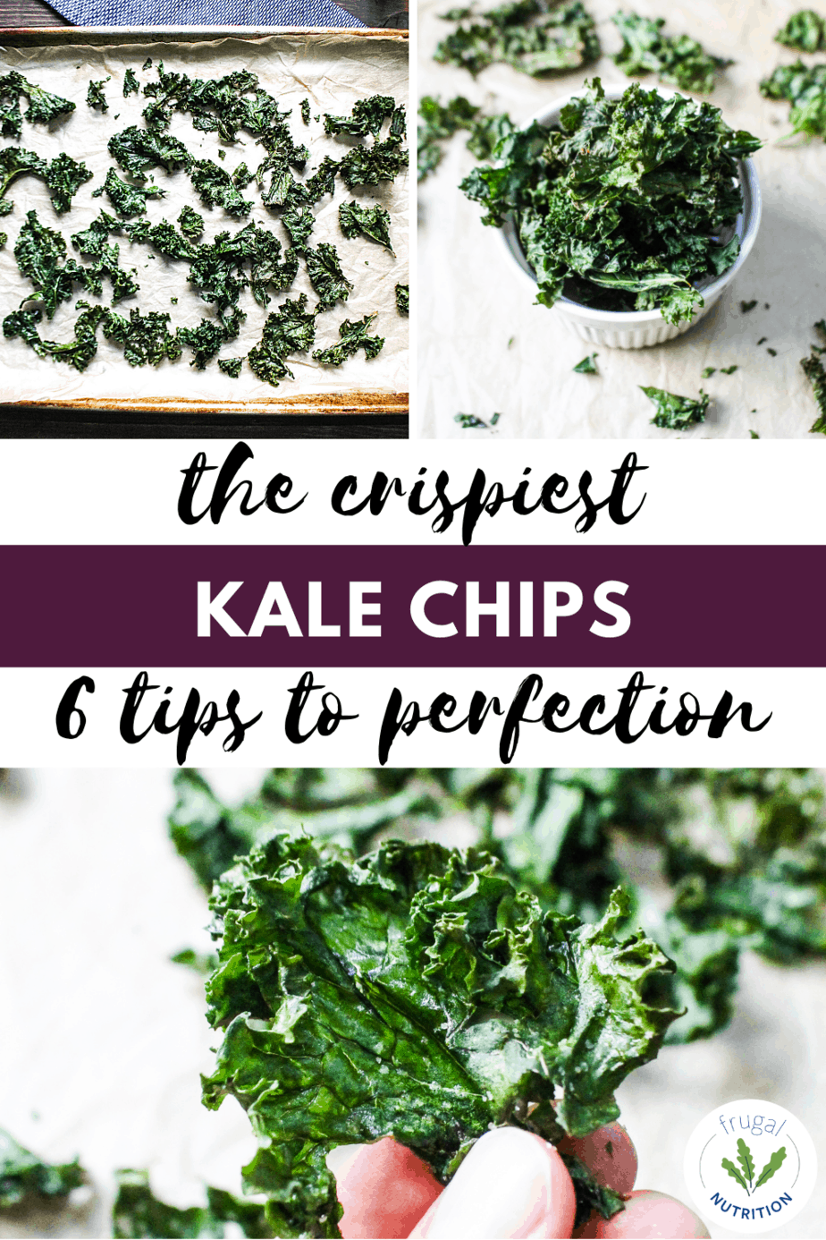 collage of three photos displaying crispy kale chips