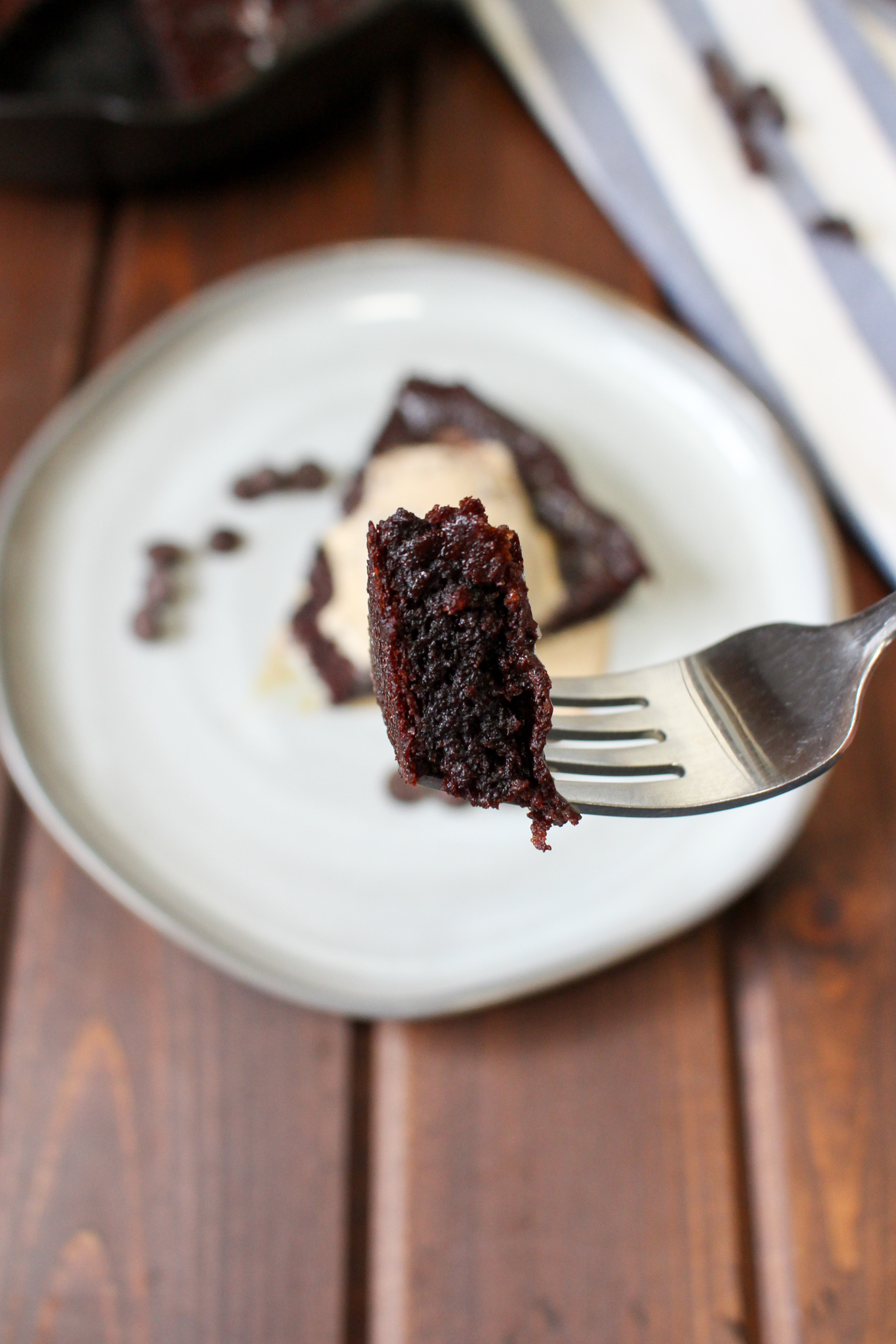 Bite of dark chocolate cake on a fork