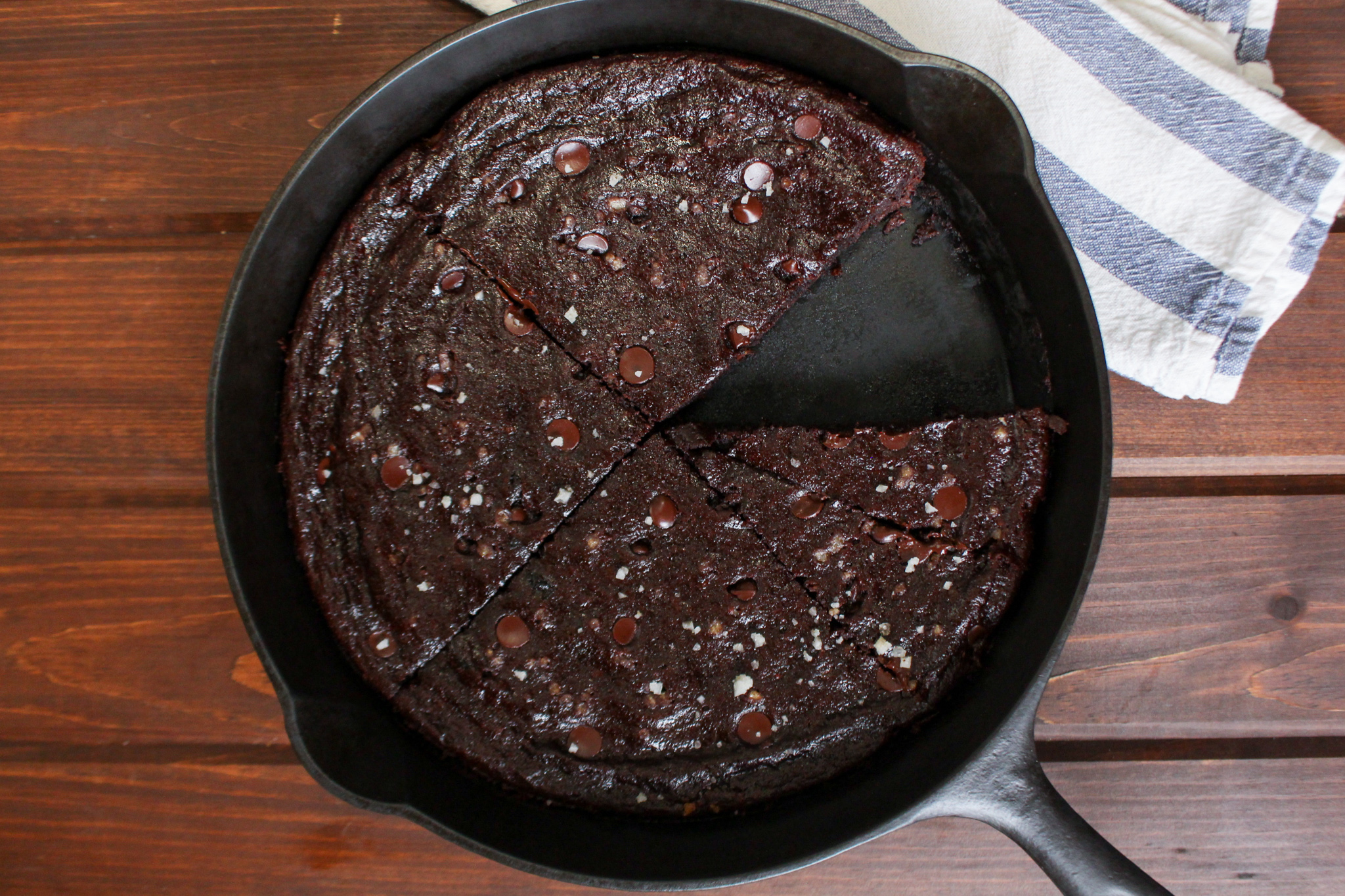 Dark chocolate cake in cast iron skillet
