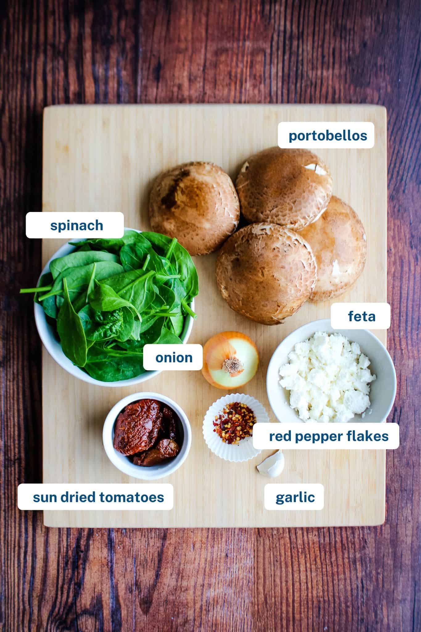 Ingredients to make breakfast mushrooms with egg and spinach.