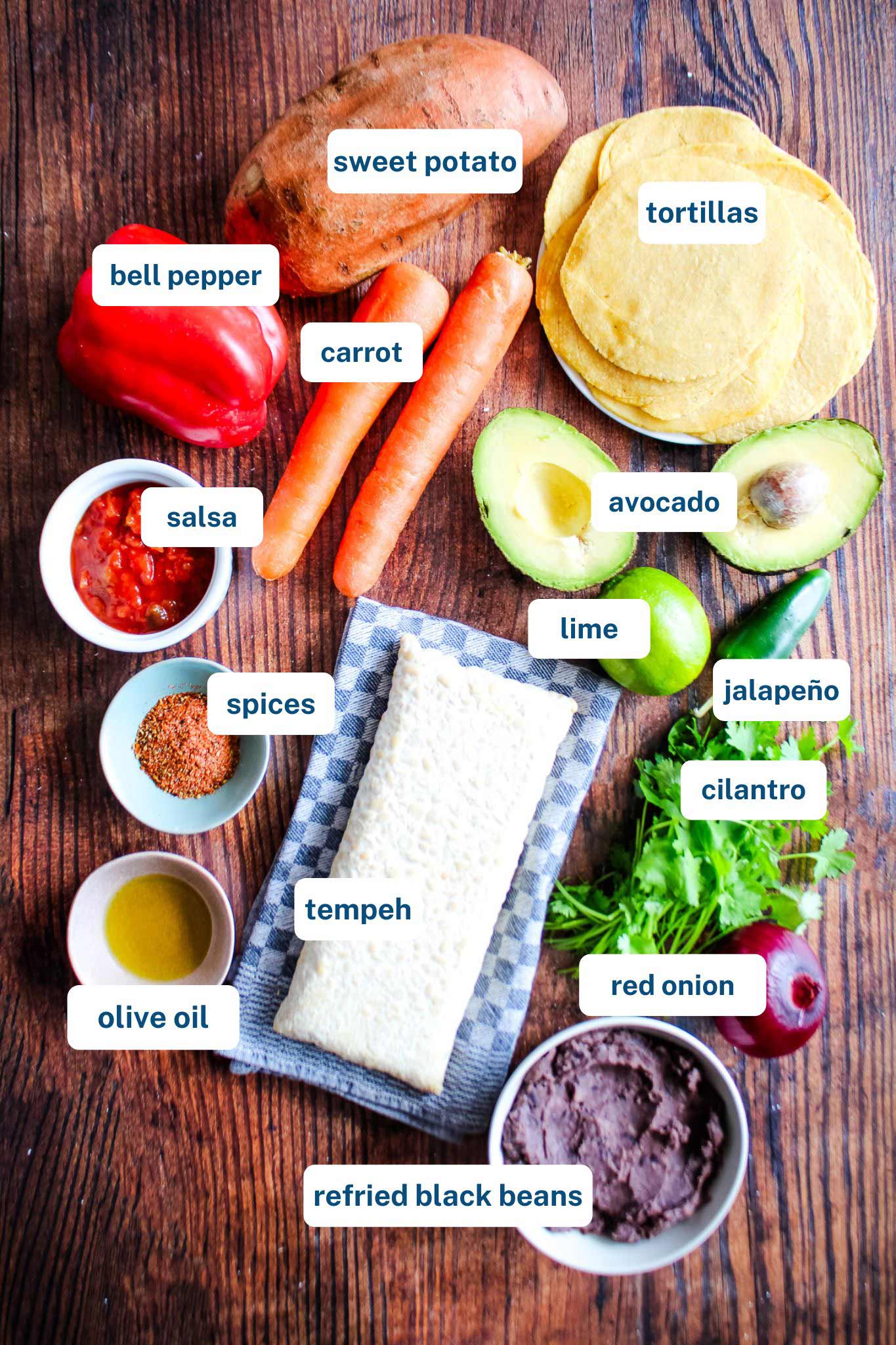 Ingredients to make chorizo tempeh tacos on the table with text labels identifying them.