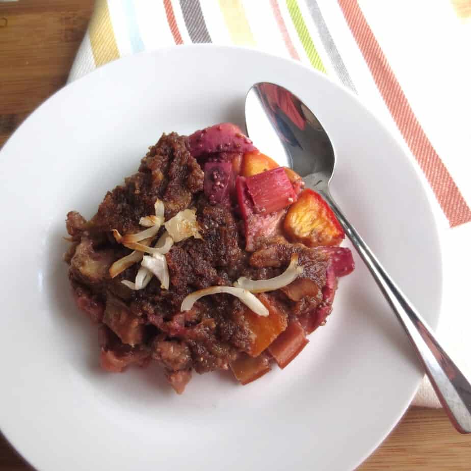 Rhubarb, Peach, Nectarine Cobbler with Date Streusel (Paleo)