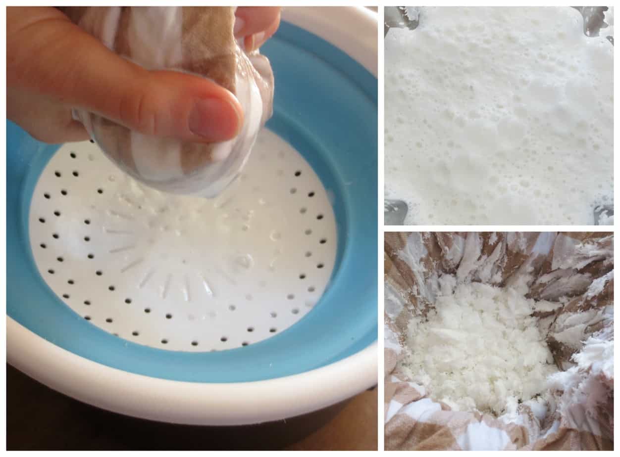 straining shredded coconut to make creamy coconut milk