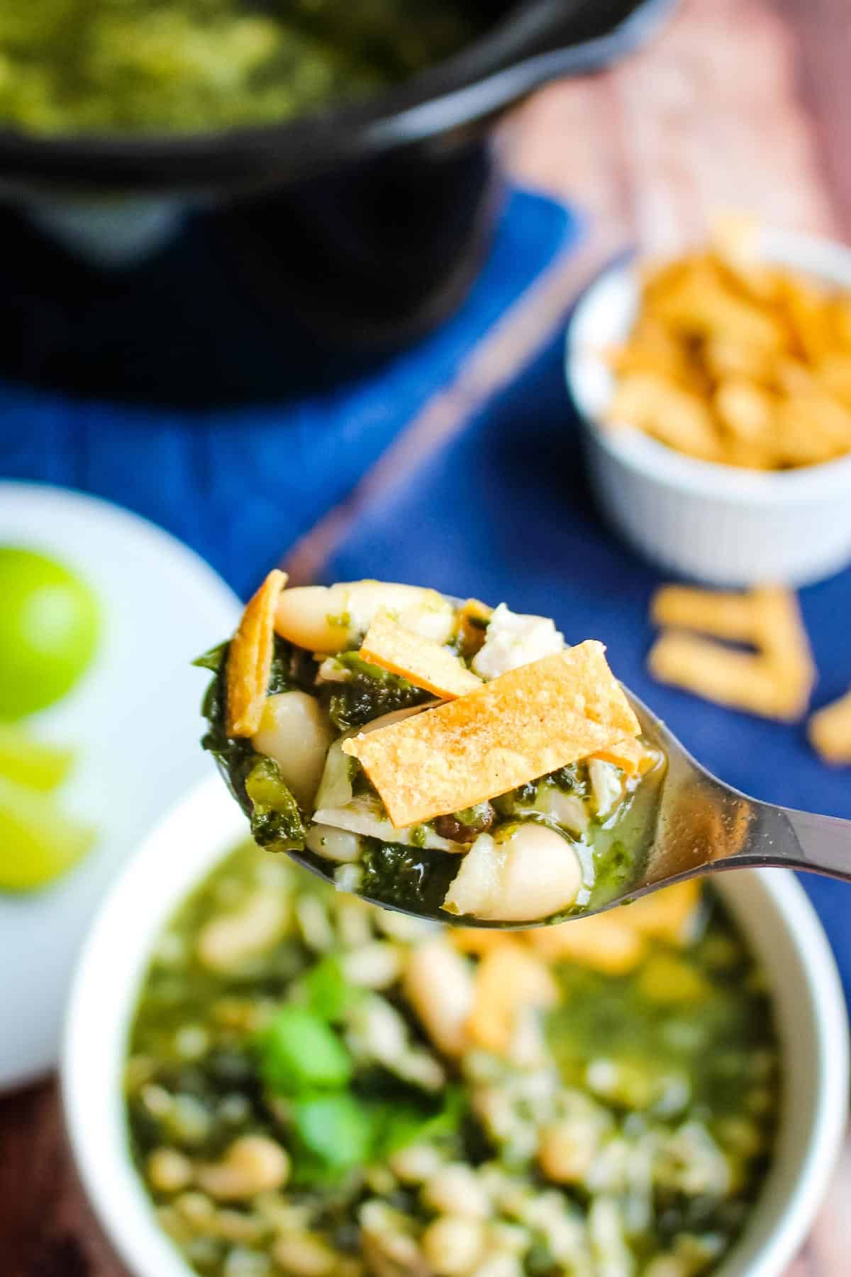 A spoonful of Mexican chicken soup up over the bowl.