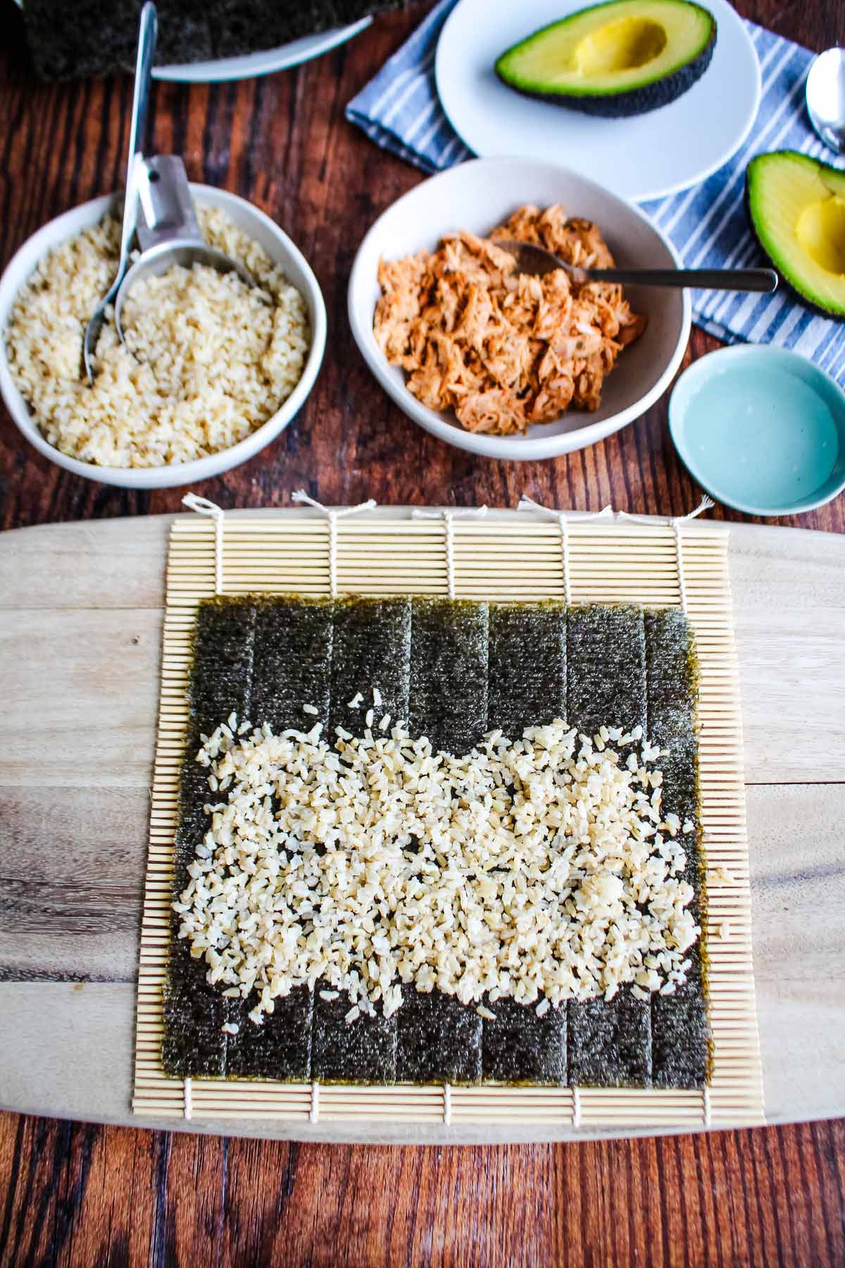 Rice pressed to nori sheet.