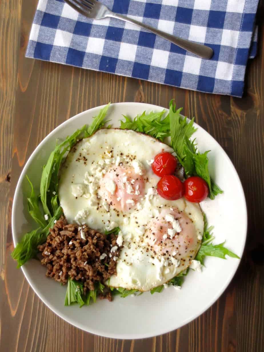 Easy Breakfast Salad - eggs, mizuna/arugula, tomatoes, sausage