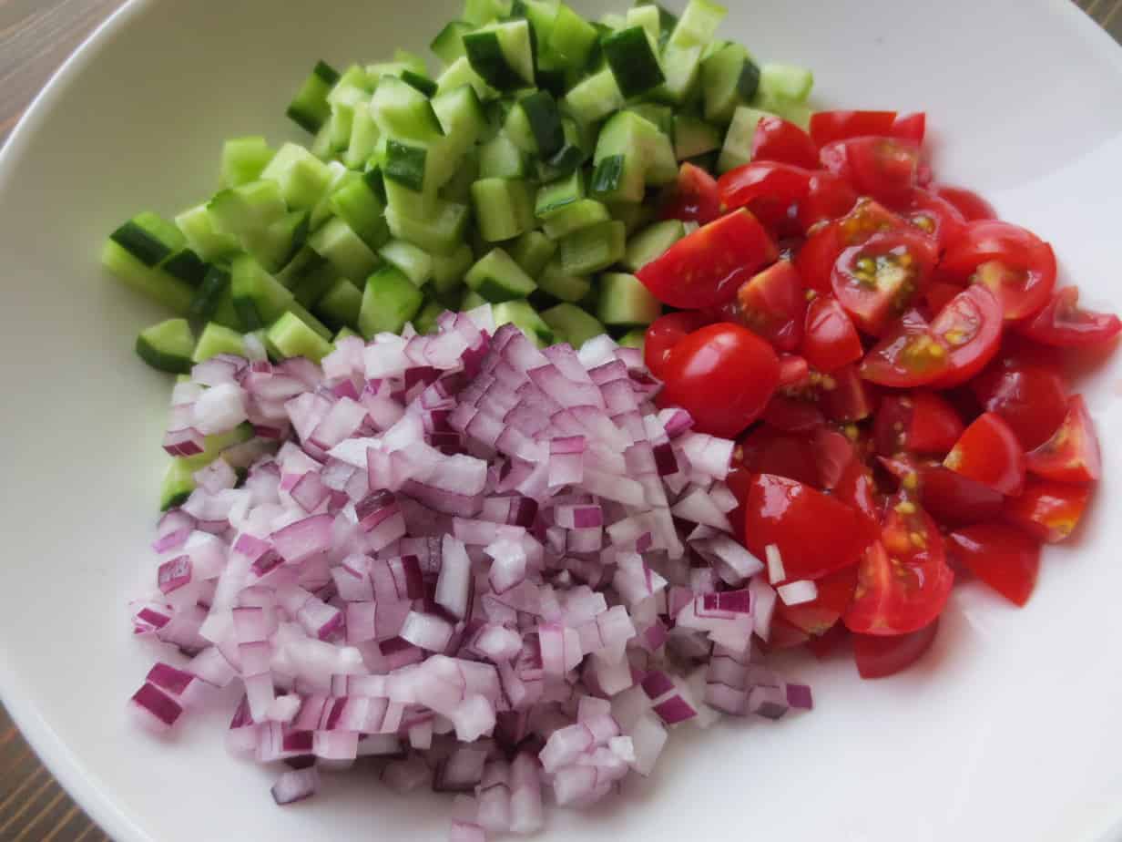 Raita Recipe with Tomatoes, Cucumbers, Red Onion