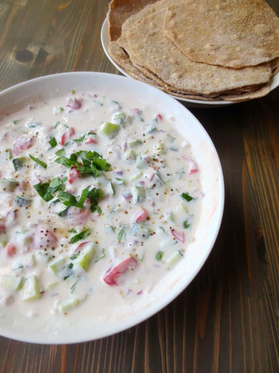 Easy Whole Wheat Roti with Indian Raita Yogurt Sauce