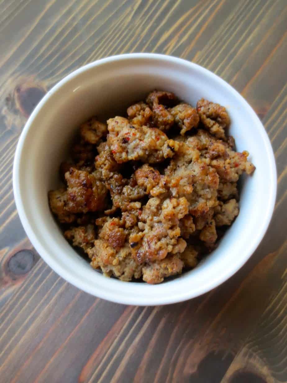 Crumbled Maple Sage Breakfast Sausage in a bowl