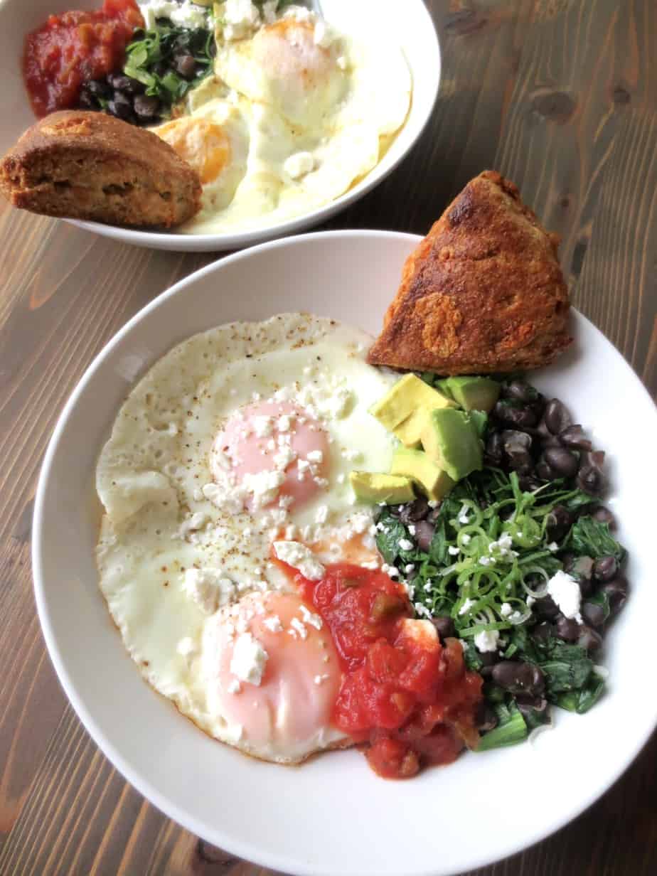 Breakfast Bowl: Eggs, Spinach, Black Beans, Salsa, Avocado, and Jalapeño Cheddar Scones