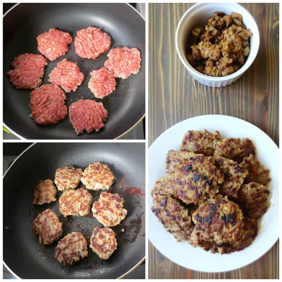collage of homemade Maple Sage Breakfast Sausage Patties and crumble
