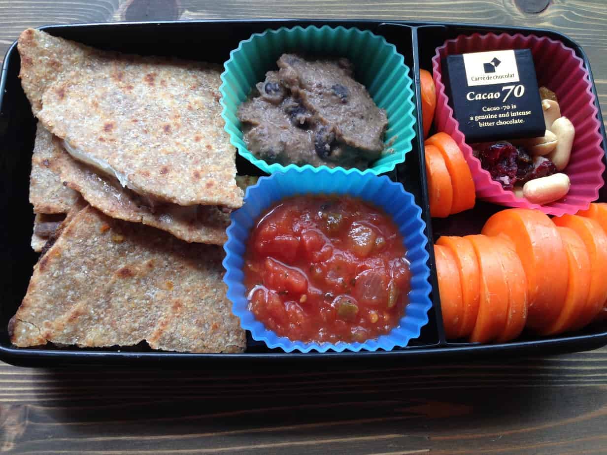 Cheddar Quesadilla with Best Bean Dip, Salsa, Carrots, Trail Mix, and Dark Chocolate