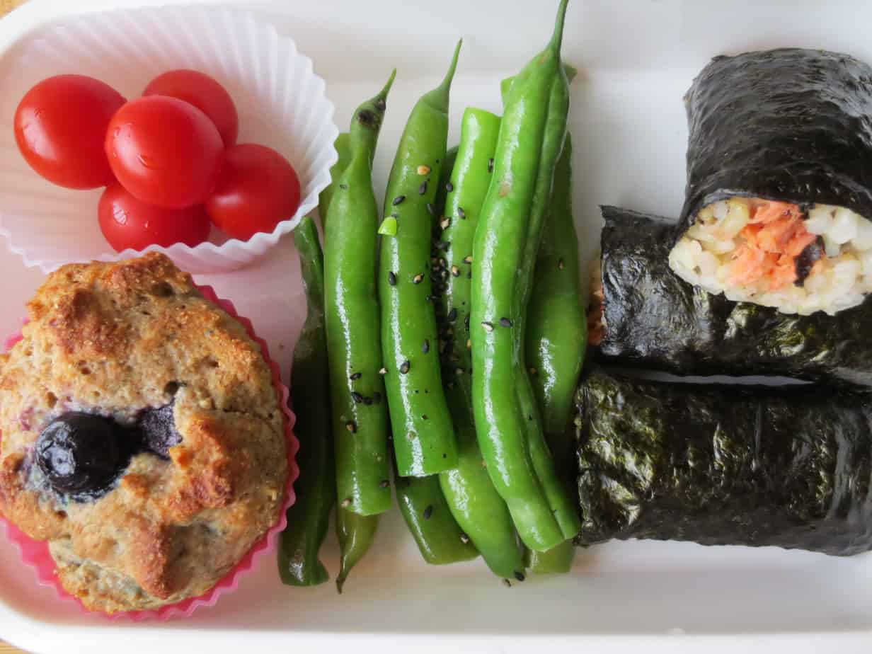 Blueberry Yogurt Muffin, Sesame Steamed Green Beans, Cherry Tomatoes, Salmon Avocado Rolls