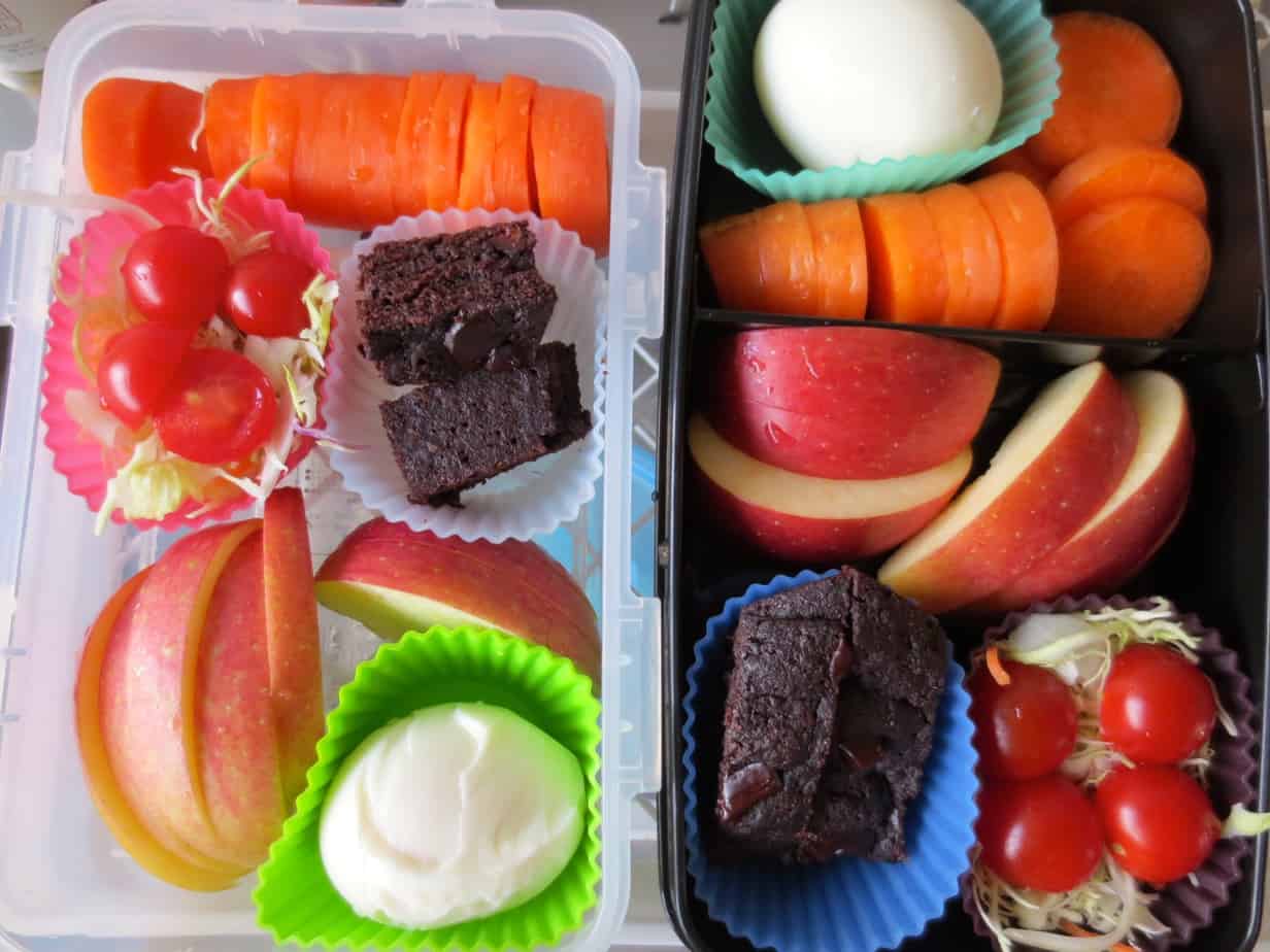 Shredded Cabbage Salad, Whole Wheat Brownies, Hard Boiled Egg, Apple Slices, Carrots