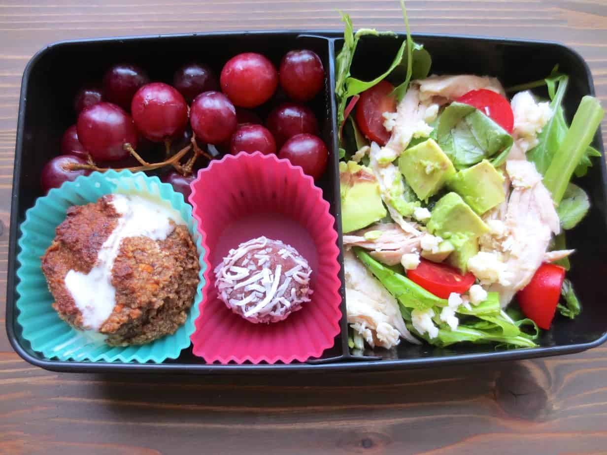 Easy Bento Box - Carrot-Banana Muffin, Chicken-Avocado Salad, Peanut Butter Coconut Bite, Grapes #realfood #bentobox #lunch | Frugal Nutrition