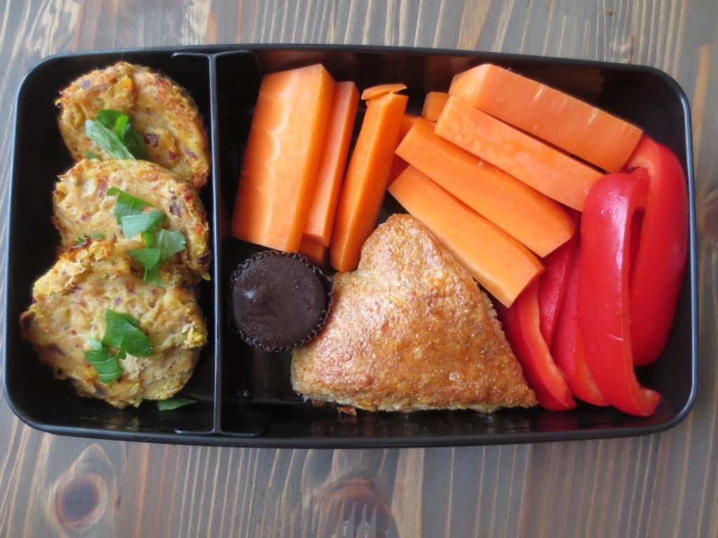 Spicy Tuna Cakes, Jalapeño Cheddar Scones, Dark Chocolate PB Cup, Bell Peppers, and Carrots Bento Box