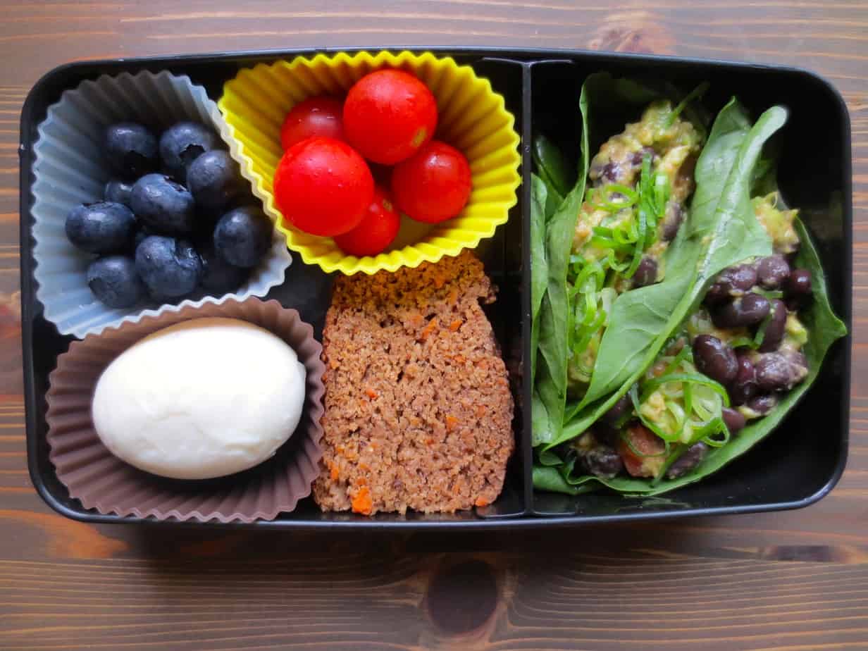 Black Bean Avocado Lettuce Wrap, Carrot-Banana Bread, Hard boiled egg, cherry tomatoes, blueberries Bento Box