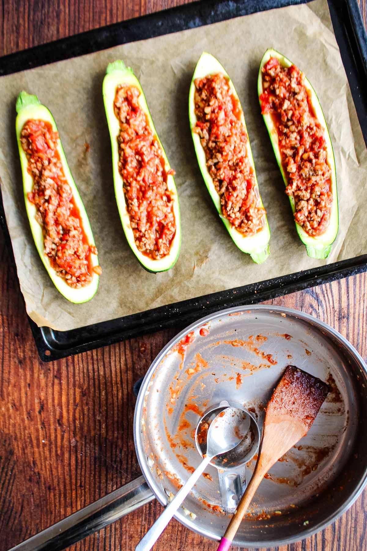 Ground turkey mixture stuffed into zucchini boats.