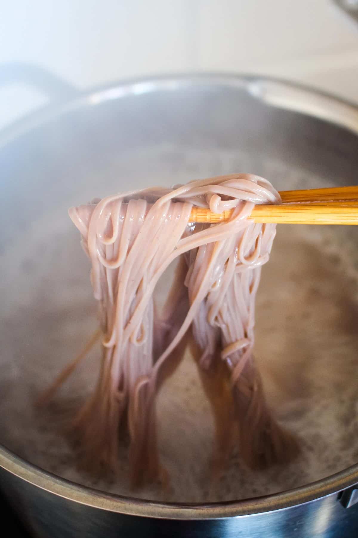 Chopsticks picking up soba noodles from the pot.