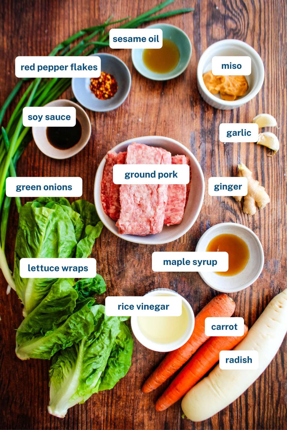 Ingredients to make ground pork lettuce wraps on the table with text labels.