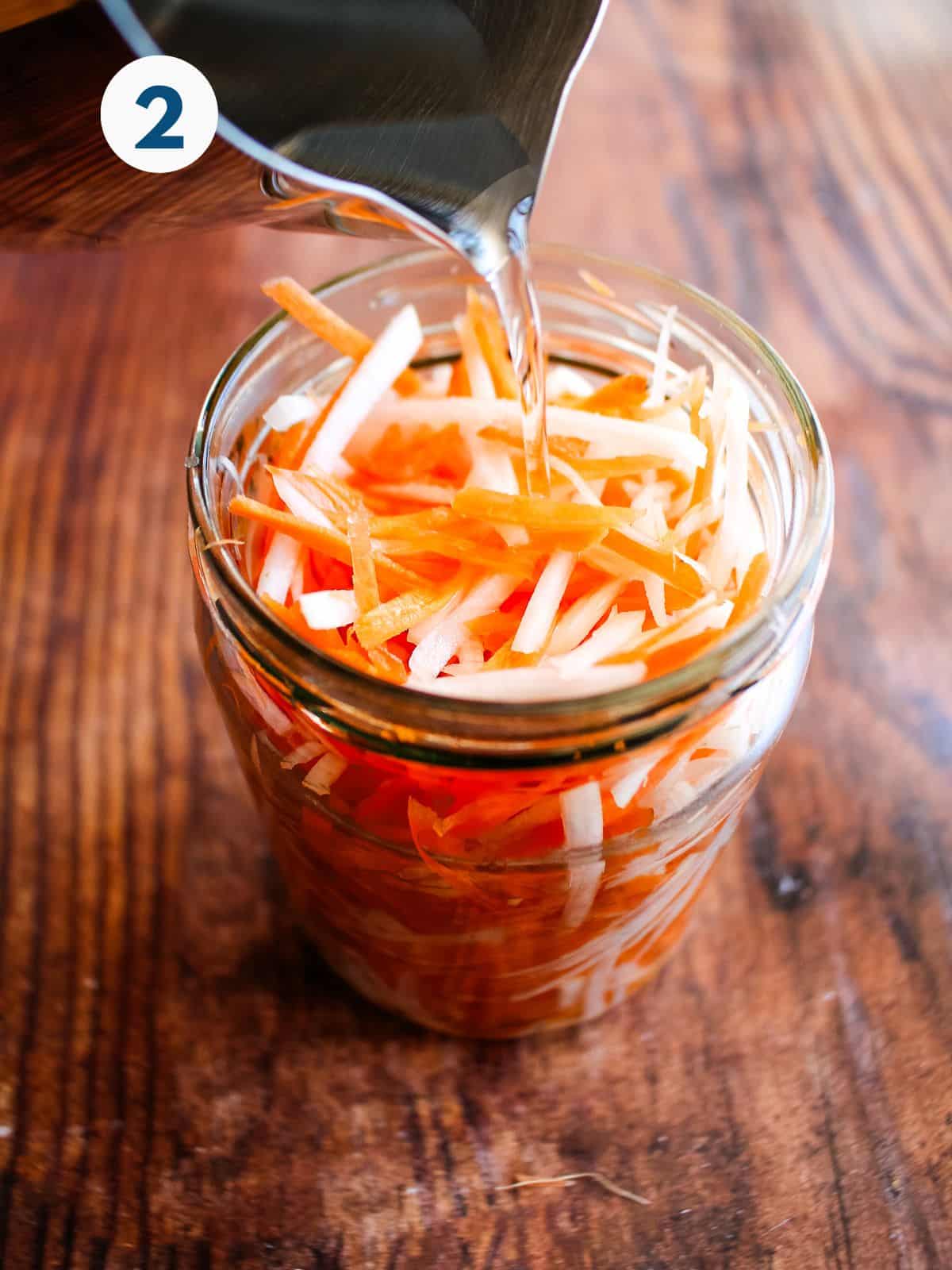 Add liquid to carrots and radish to make quick pickles.