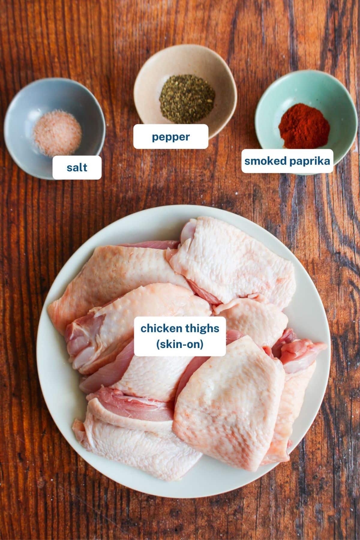 Ingredients to make cast iron chicken thighs on the table before cooking.