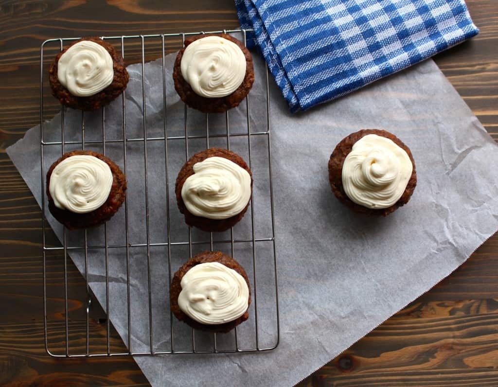 Maple Cream Cheese Frosting on Carrot Banana Muffins by Frugal Nutrition