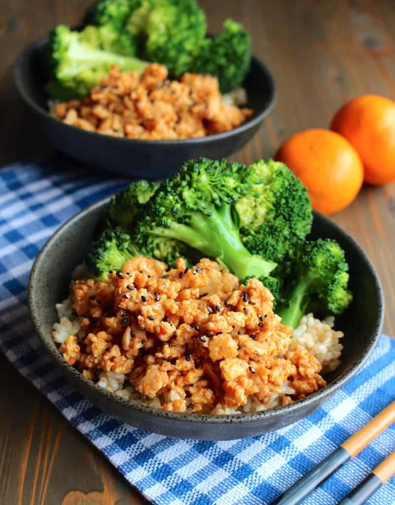 Orange Chicken and Broccoli Rice Bowls | Frugal Nutrition #chinese #orangechicken #groundturkey #groundchicken #easydinner