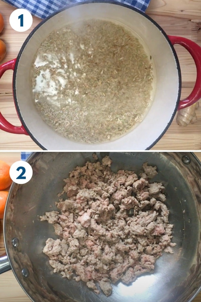 Rice cooking in a pot and steamed broccoli in a colander.