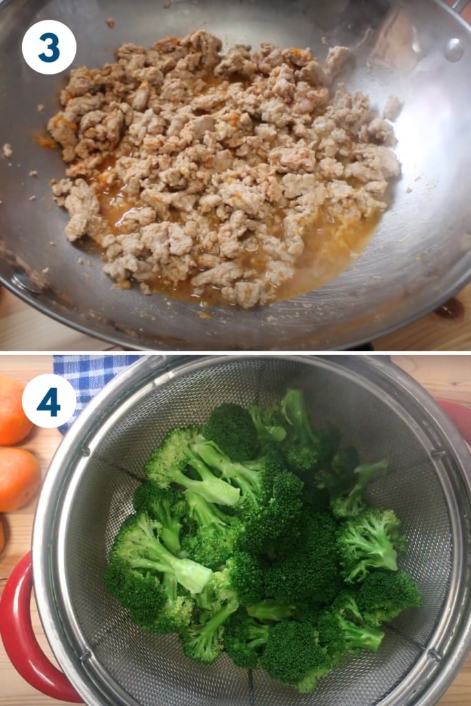 A collage of making the sauce and then cooking the ground chicken in a skillet.