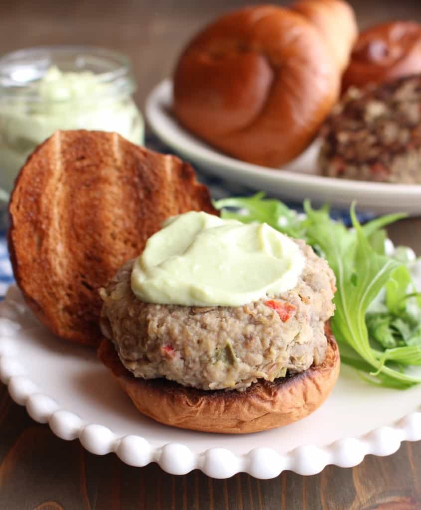Lentil Turkey Burgers with Avocado Yogurt Sauce | Frugal Nutrition - you can cut back on price & on meat by adding lentils to your burgers! #goodandcheap #frugalnutrition