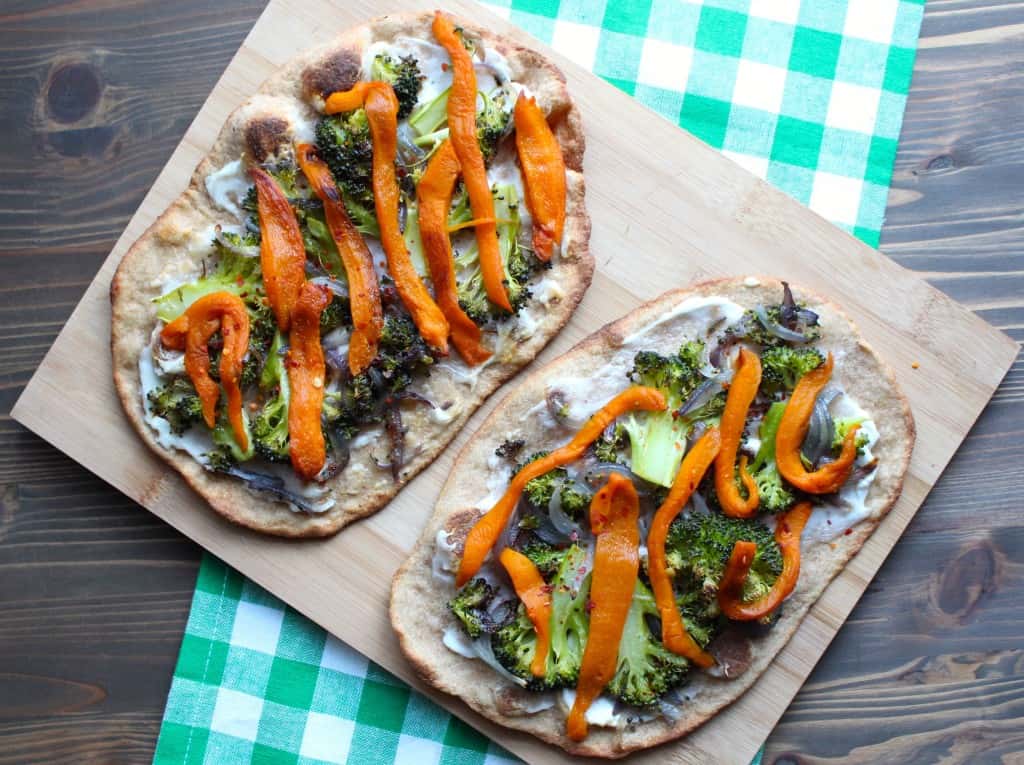 Roasted Vegetable Thin Crust Flatbread Pizza | Frugal Nutrition #broccoli #roastedbellpeppers #pizza