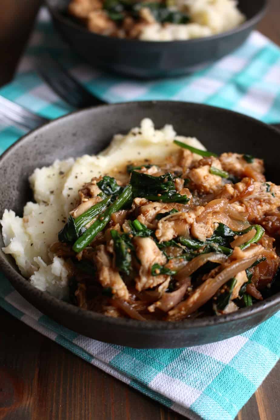 #easydinner Shredded Chicken with Dried Figs, Onions, Spinach, and Mashed Potatoes | Frugal Nutrition