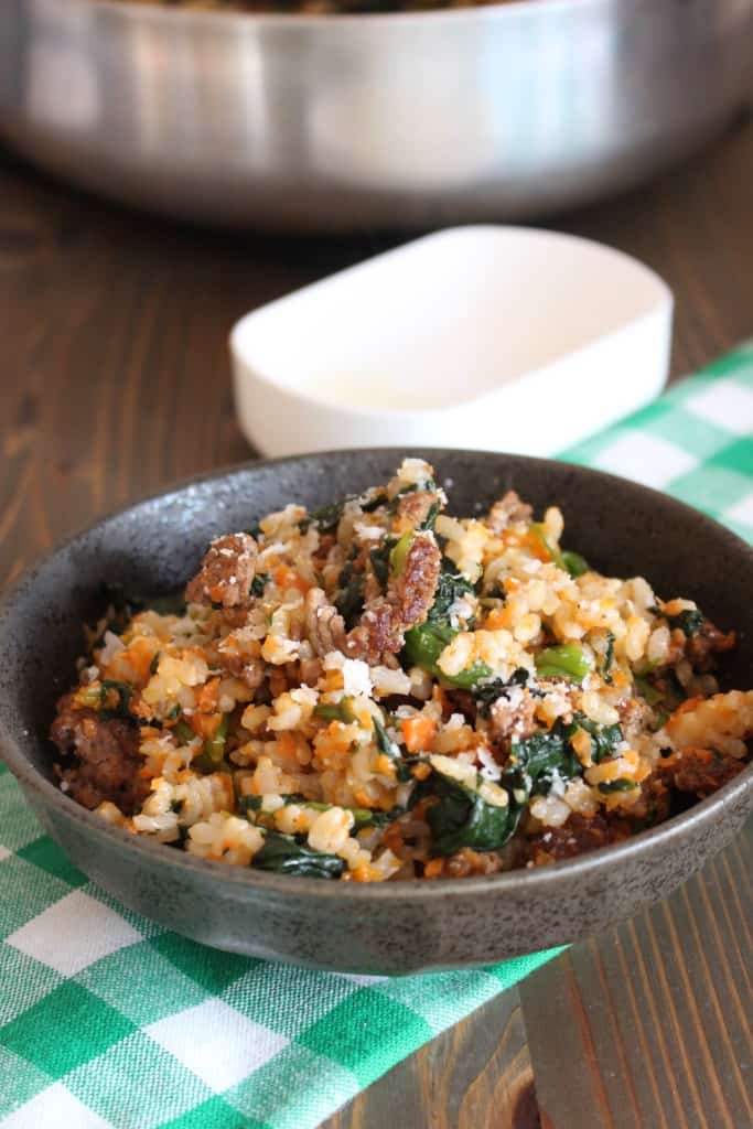 Italian Sausage Rice Bowl with Spinach and Parmesan #onepan #easy #recipe | FrugalNutrition.com