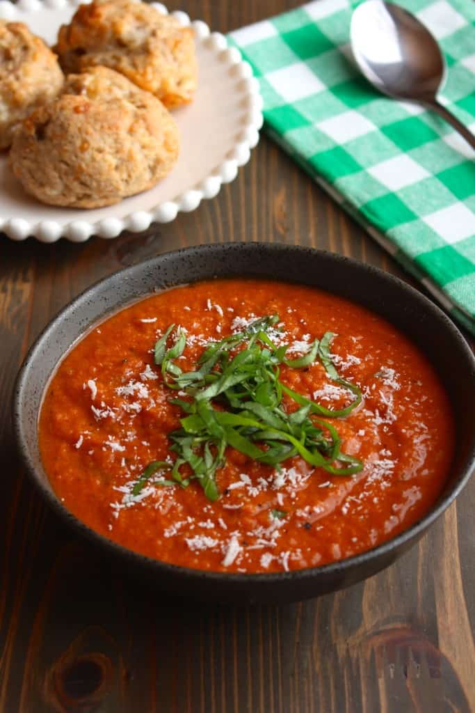 Tomato Soup with Basil - easy tomato soup with onions, carrots, garlic, basil, milk, and canned tomatoes | Frugal Nutrition