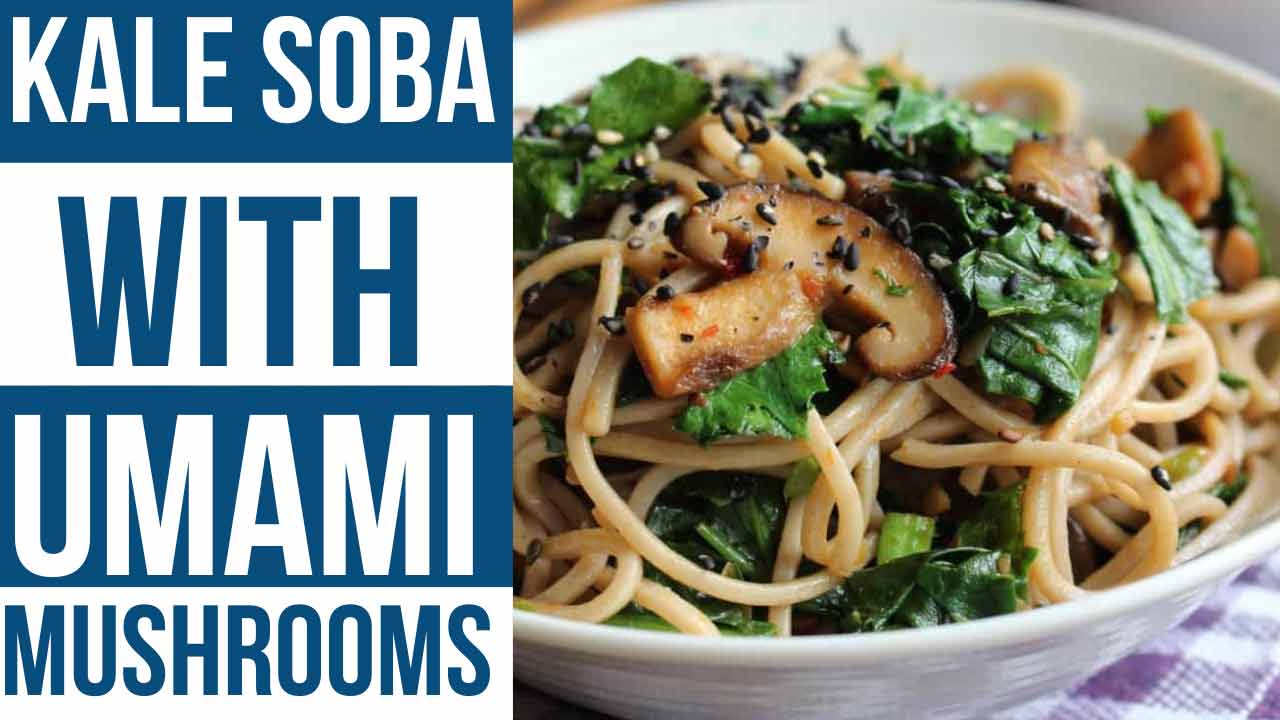 Youtube thumbnail graphic with image of soba noodle bowl and text on the side.