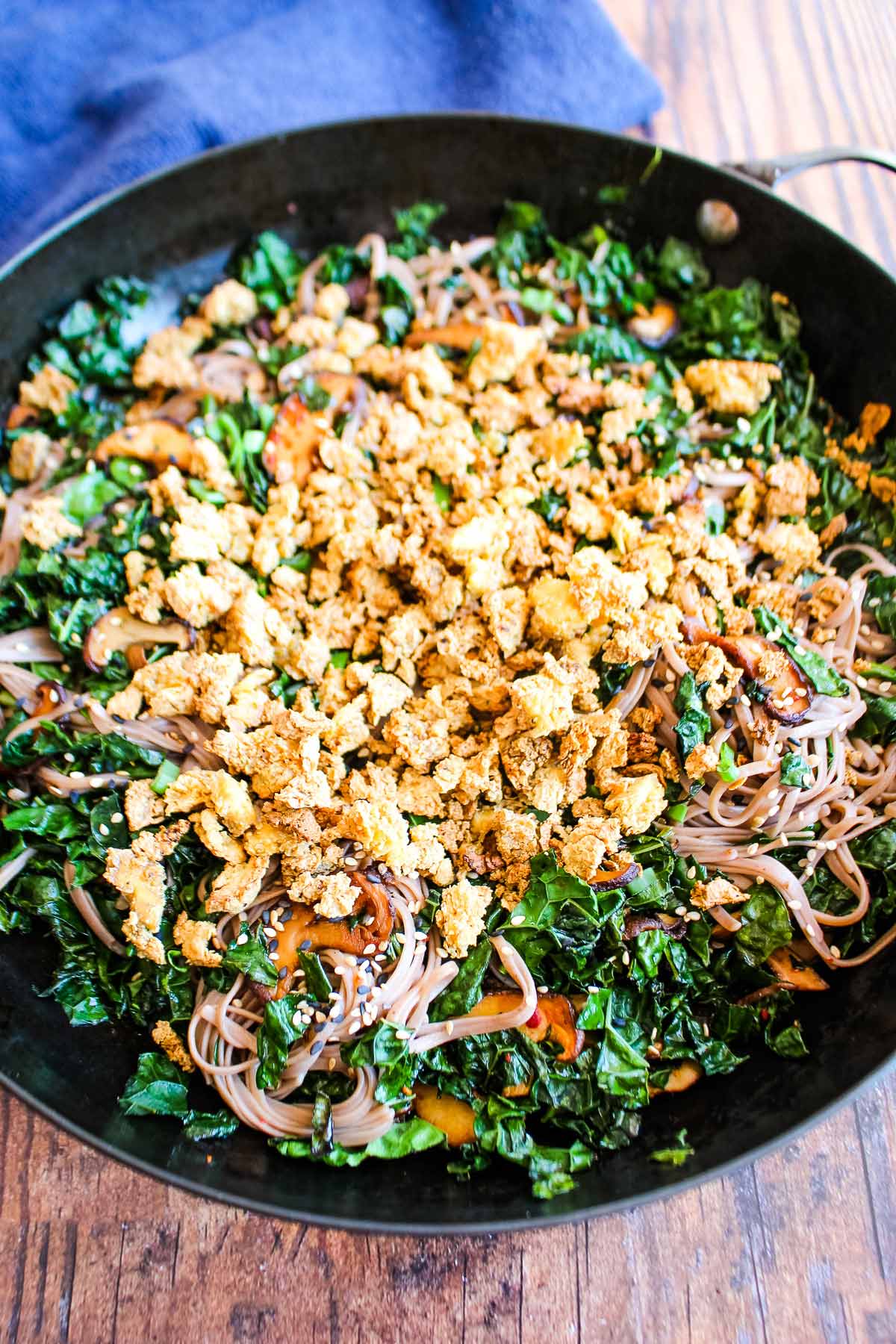 Tofu added to soba noodle stir fry.