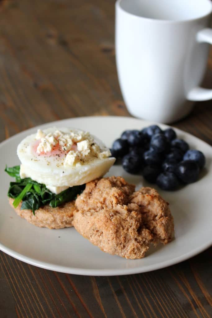 Whole Wheat Yogurt Biscuits with poached egg, spinach, feta, and blueberries | Frugal Nutrition