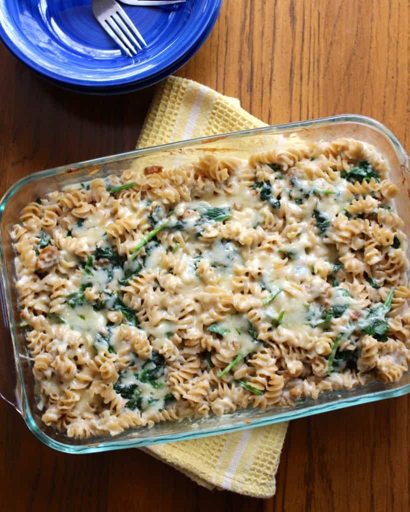 Sausage & Spinach Cheddar Casserole With Creamy Cauliflower Sauce | Frugal Nutrition