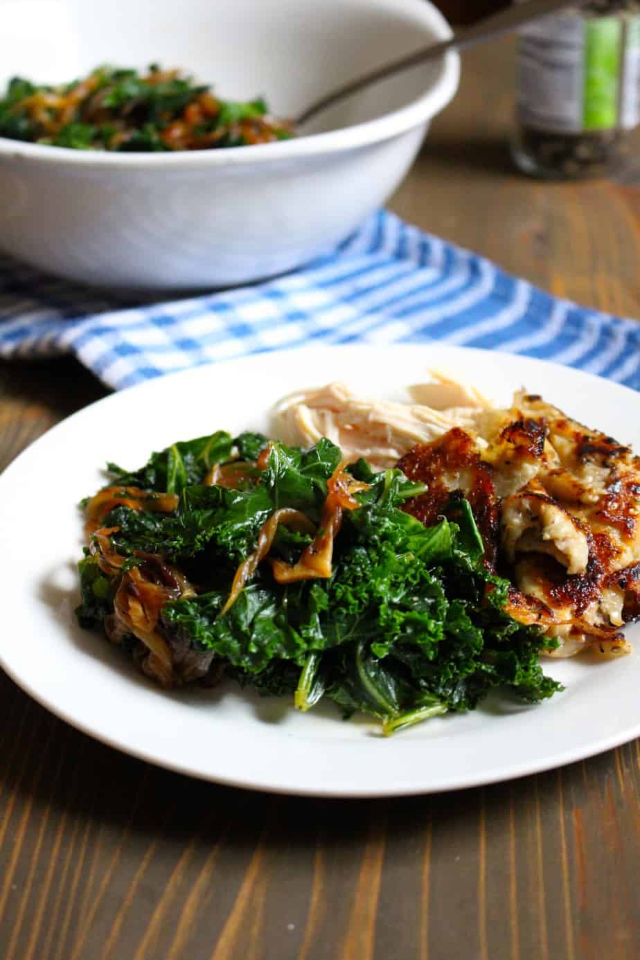 Caramelized Onions + Kale with Rotisserie Chicken | Frugal Nutrition