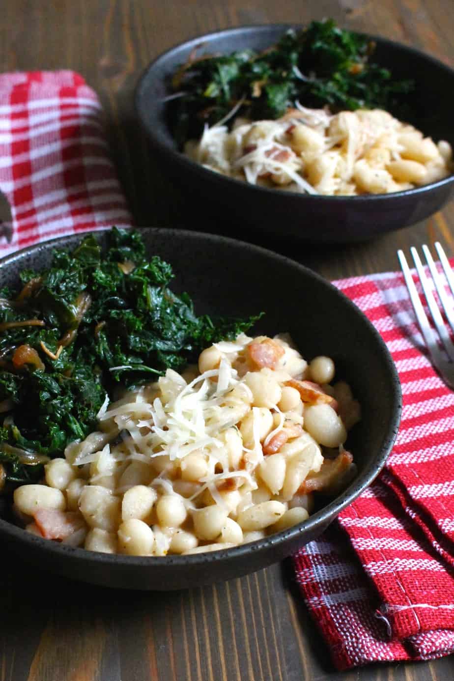 Creamy Italian White Beans with Bacon - serve with caramelized onions and kale | Frugal Nutrition