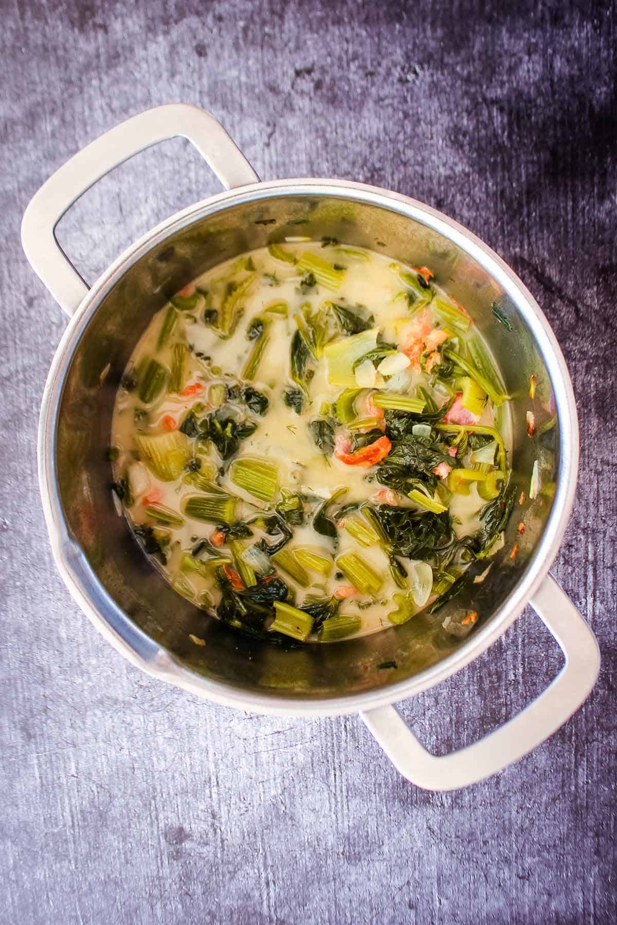 Cooked soup before blending with immersion blender.