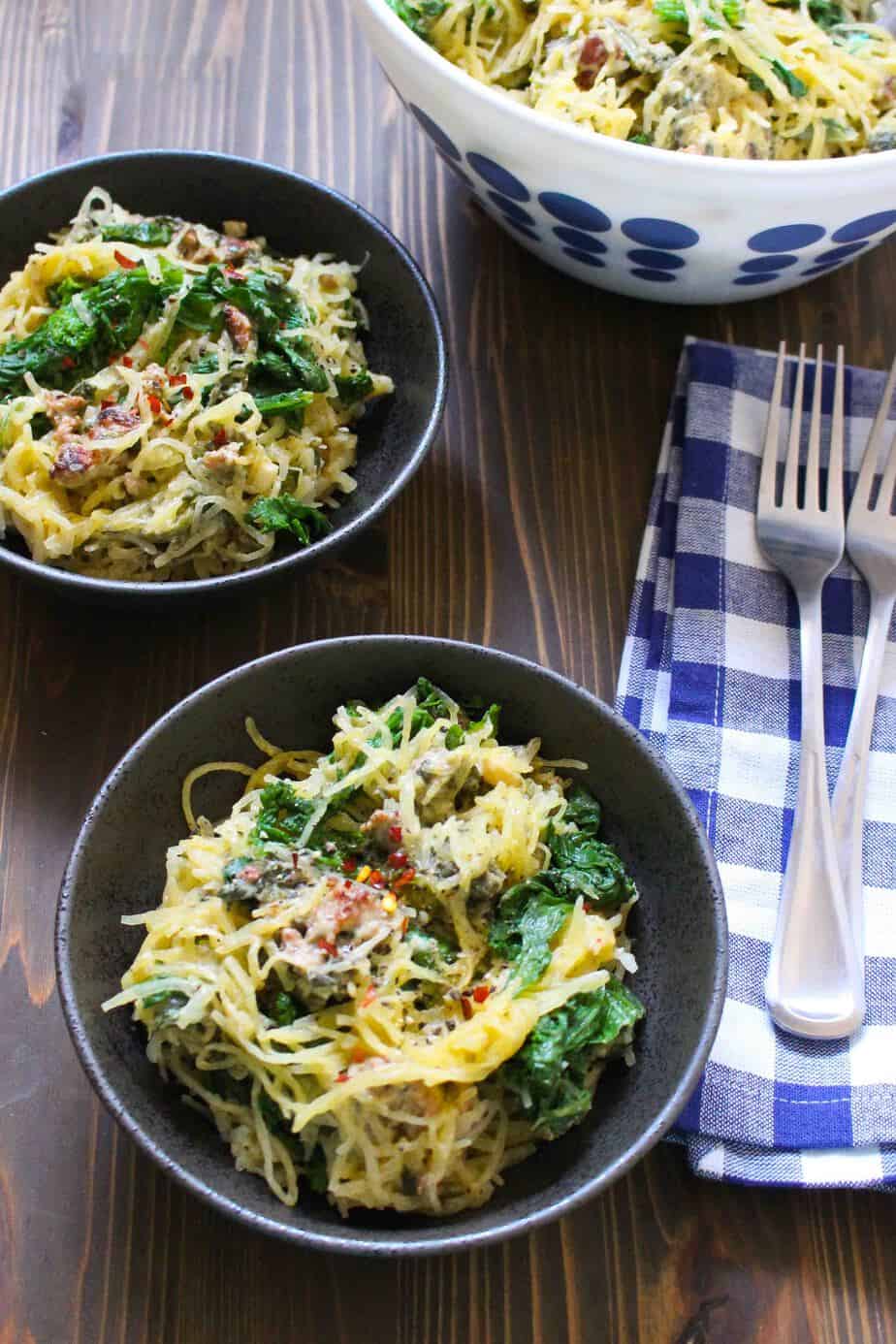 Creamy Spaghetti Squash with Sausage & Mustard Greens | Frugal Nutrition