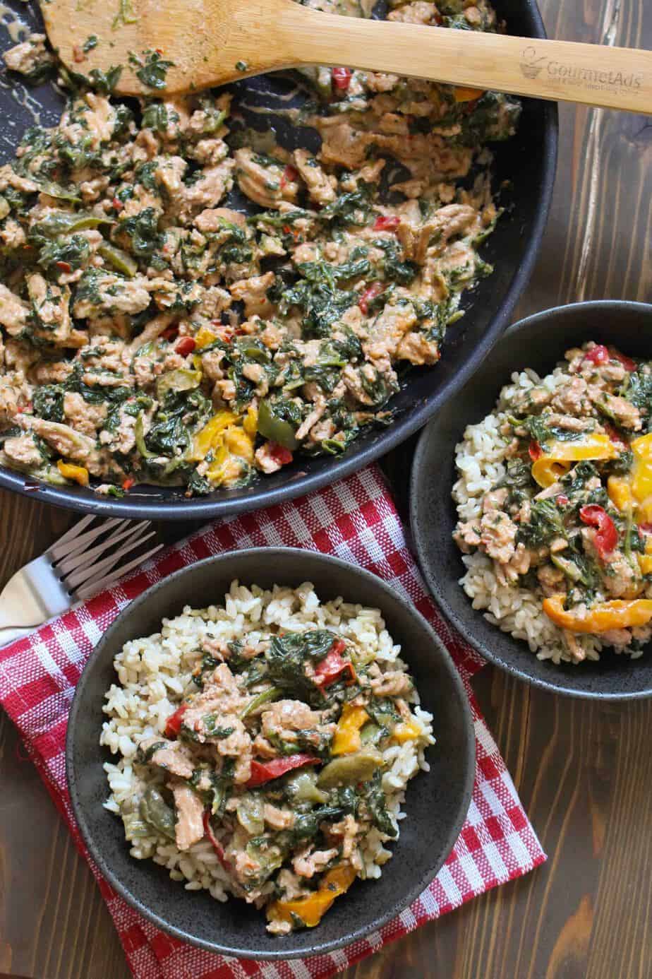 One-Pan Coconut Ground Turkey with Peppers and Spinach | FrugalNutrition.com #weeknightdinner