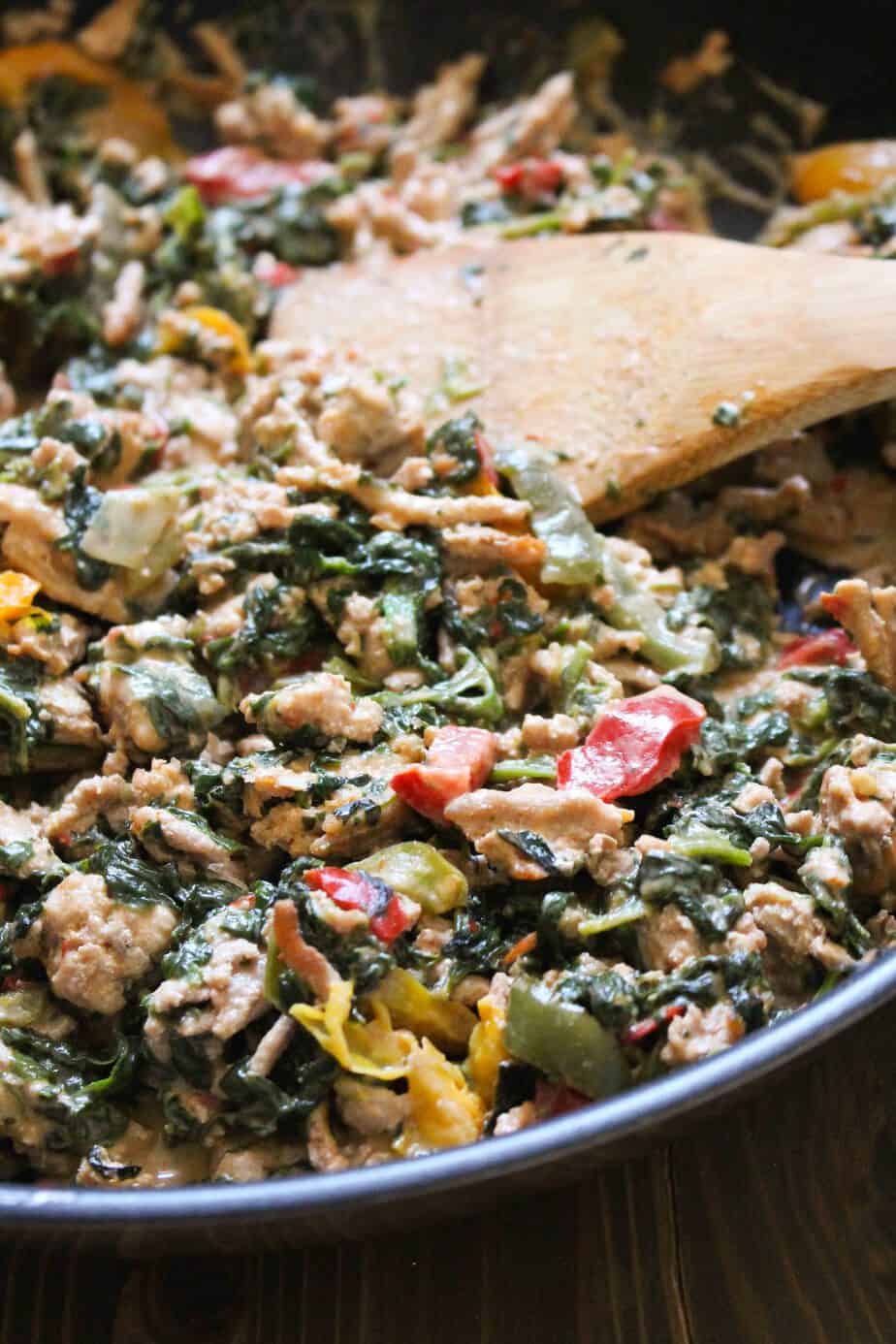 One-Pan Coconut Ground Turkey with Peppers and Spinach by frugalnutrition.com