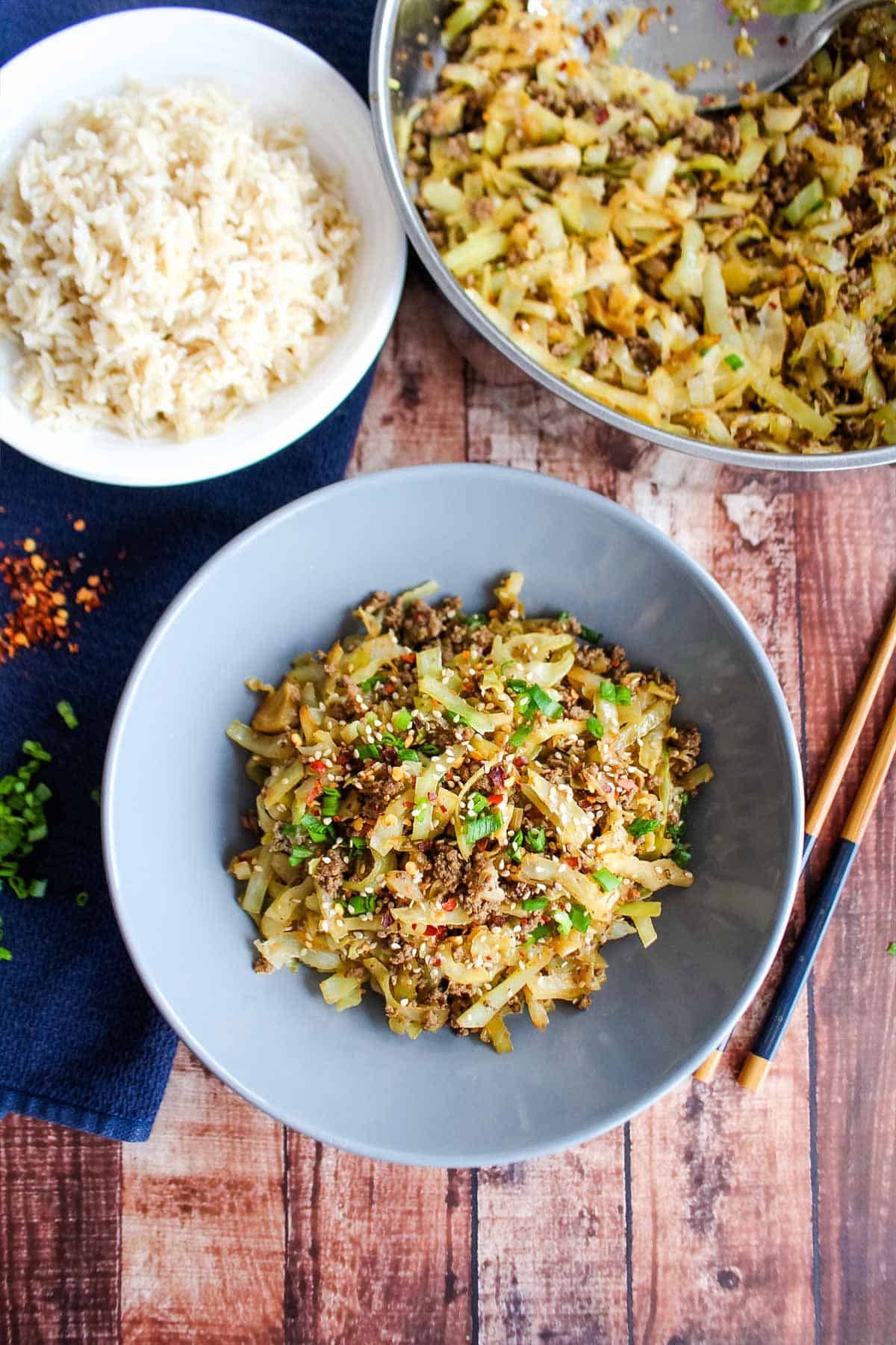 Beef and cabbage stir fry on the table in a bowl.