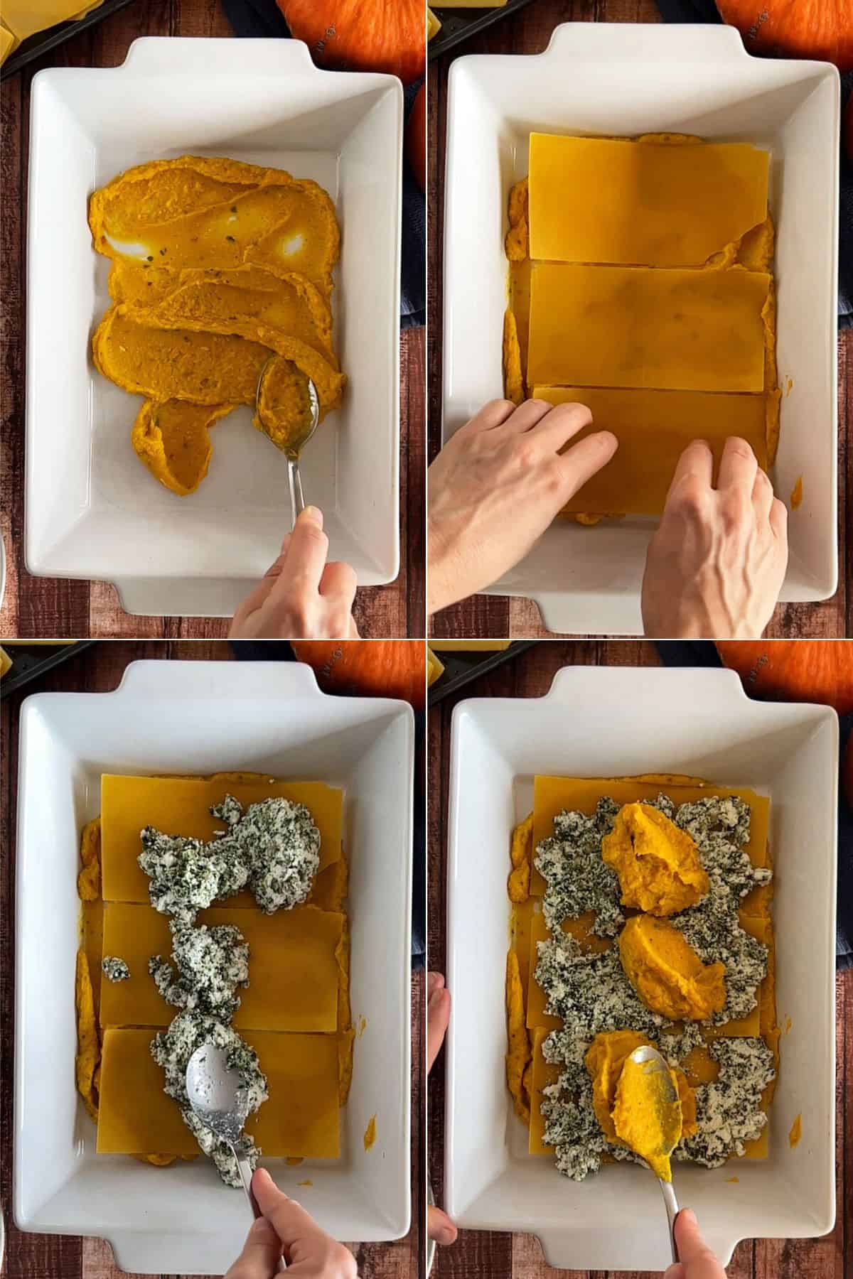 Collage of layering up a pumpkin lasagna.