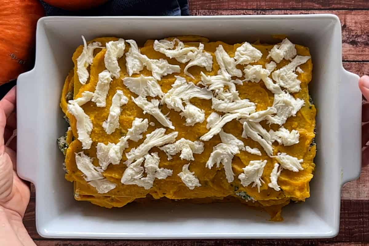 Pumpkin lasagna is layered and topped with mozzarella cheese.